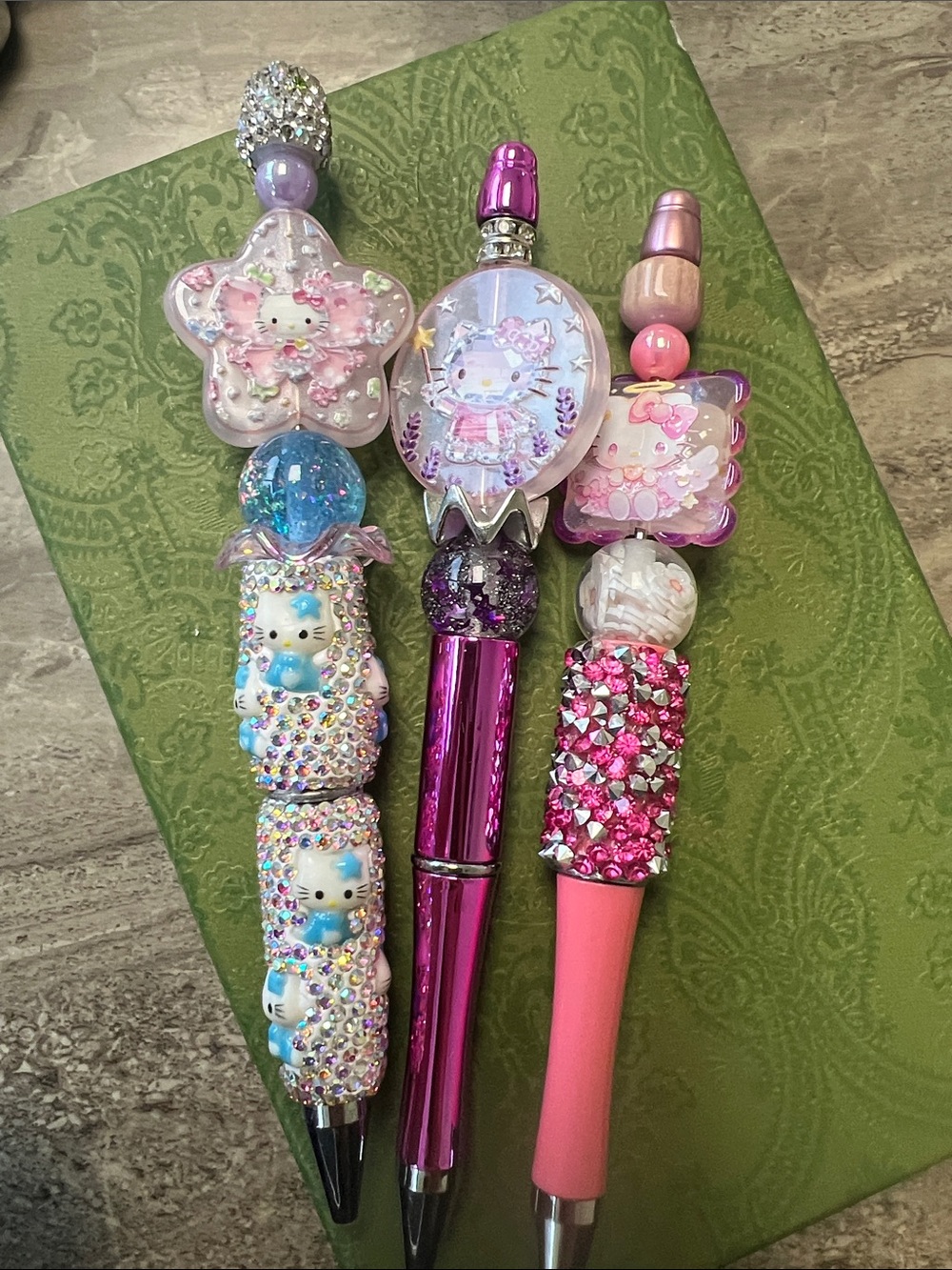 3x Hello Kitty Pink Purple and Blue Decorative Rhinestone Pens - Set of 3 gift